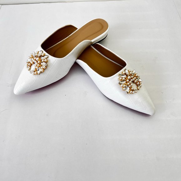 NEW Crocodile Pattern Flat Mules with Rhinestone & Faux Pearl, Sz EU 38( US 7.5) - Picture 3 of 14